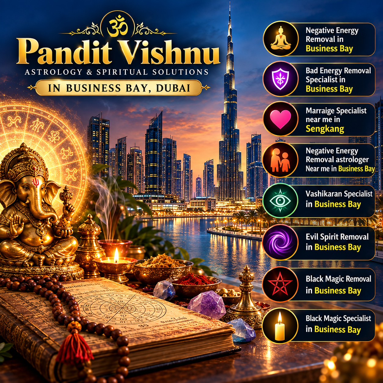 Evil Spirit Removal in Business Bay, spiritual consultations may be sought when someone interprets unusual experiences, fear or a difficult atmosphere through a supernatural or traditional religious framework. Pandit Vishnu can discuss such concerns respectfully and explain traditional spiritual practices without assuming that a supernatural cause has been established. Similar searches may include black magic removal in Business Bay and black magic specialist in Business Bay, particularly among people interested in traditional Indian spiritual or occult practices. These terms describe beliefs and services within particular spiritual traditions rather than scientifically established causes or treatments. A responsible consultation should therefore avoid creating unnecessary fear or making unsupported guarantees
