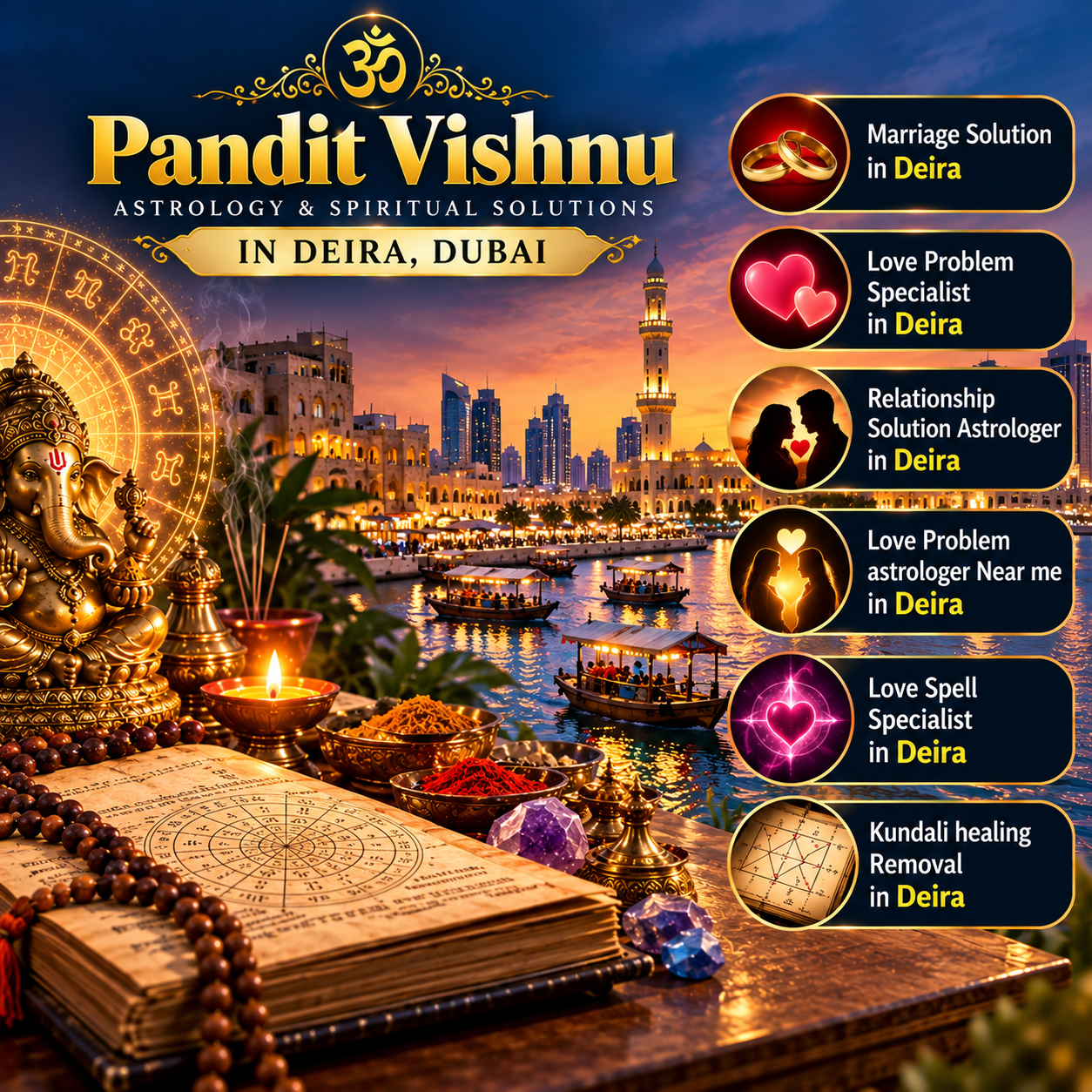 Marriage is an important part of life, and relationship difficulties can sometimes create uncertainty, misunderstandings and emotional pressure between partners. People searching for Marriage Solution in Deira may be looking for traditional astrology-based guidance to better understand concerns affecting their married life. Pandit Vishnu provides personalized spiritual and astrological consultations for individuals who wish to explore traditional Indian astrology when dealing with marriage-related questions. A consultation can focus on compatibility, communication difficulties, family disagreements, recurring misunderstandings, delays in marriage, emotional distance and other relationship concerns. Deira is one of Dubai’s historic neighbourhoods