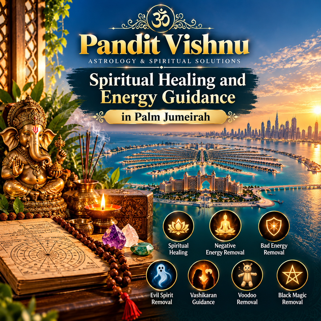 Spiritual Healing Palm Jumeriah can provide a dedicated way to explore personal concerns through a traditional spiritual perspective. Pandit Vishnu offers personalized astrology and spiritual consultations for individuals who want to understand their concerns, explore traditional remedies and discuss personal situations in a private consultation. Spiritual healing traditions can include prayers, meditation, positive affirmations, traditional rituals and astrology-based guidance depending on the individual’s beliefs and circumstances. A consultation may begin by understanding the client’s concerns, personal background and questions before discussing traditional approaches that may be relevant. Some people seek spiritual guidance when they feel emotionally unsettled, experience repeated difficulties or simply want a traditional method of reflection and personal guidance. Negative Energy Removal in Palm Jumeriah is another location-specific service search that may be relevant to individuals who believe that persistent negativity or an uncomfortable atmosphere is affecting their personal or professional environment.