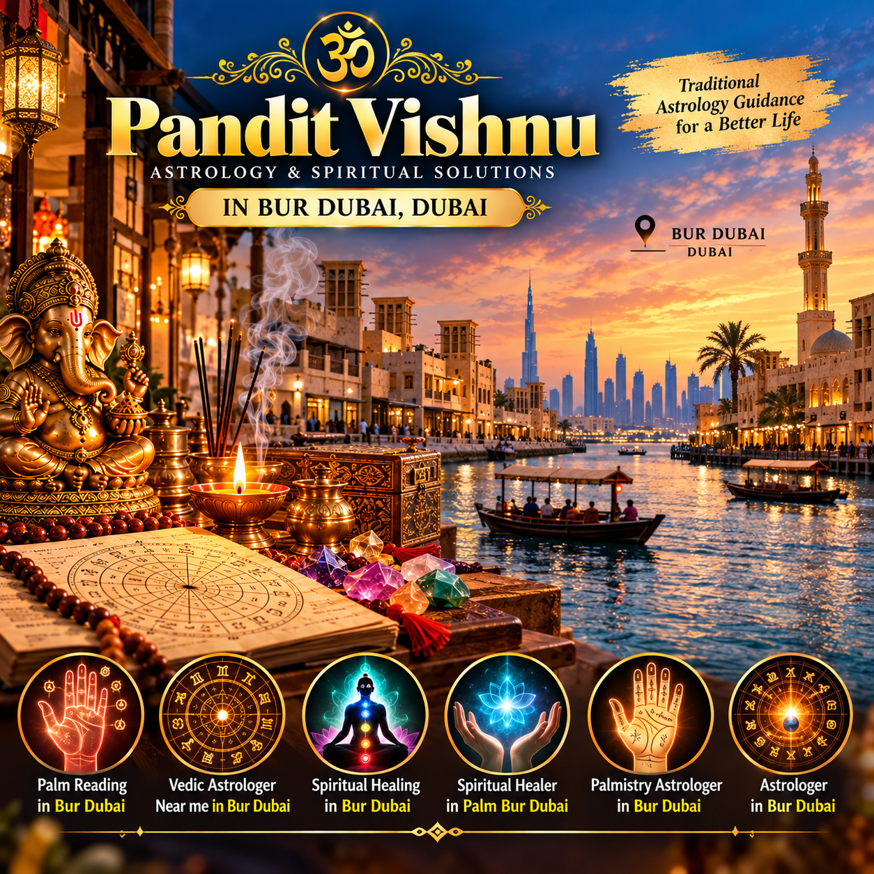 For people looking for traditional astrology and palmistry guidance in one of Dubai’s established neighbourhoods, Pandit Vishnu offers personalized consultations designed around individual questions, life circumstances and spiritual interests. A palm Reading in Bur Dubai consultation can focus on the traditional interpretation of palm lines, shapes and markings as a form of cultural palmistry guidance. Palm reading is traditionally used to discuss themes such as personality, relationships, career direction, personal strengths and important life phases. Alongside palmistry, clients searching for a Vedic Astrologer Near me in Bur Dubai may seek a consultation based on birth details, planetary positions, zodiac signs and traditional Vedic astrology principles. Pandit Vishnu can provide a structured consultation in which clients can discuss their concerns and understand how traditional astrological interpretations are generally applied. Bur Dubai has a distinctive cultural character, with heritage attractions, traditional markets and historic surroundings that make it an established part of Dubai’s identity. The aim of a consultation is to provide a calm environment for reflection, discussion and traditional spiritual guidance rather than making guaranteed predictions. Whether the interest is palmistry, birth-chart interpretation or general astrology, personalized attention can help visitors understand the traditional methods being discussed and decide which type of consultation is relevant to their needs.