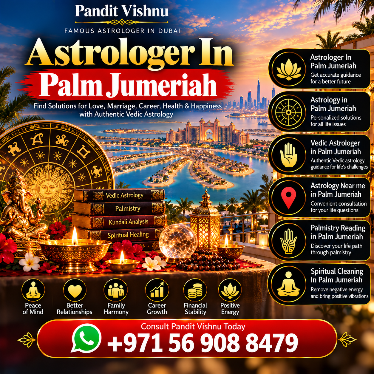 People often seek astrology when they want greater clarity about relationships, marriage, career, finances, family matters, personal decisions, or important changes in life. Astrologer In Palm Jumeriah consultations with Pandit Vishnu provide traditional Vedic astrology guidance based on birth details and individual concerns. Astrology in Palm Jumeriah can include Kundali analysis, horoscope interpretation, marriage compatibility, career guidance, relationship discussions, planetary analysis, and traditional astrological remedies. Vedic astrology is a traditional belief system, so its interpretations are best understood as spiritual or cultural guidance rather than scientifically proven predictions.