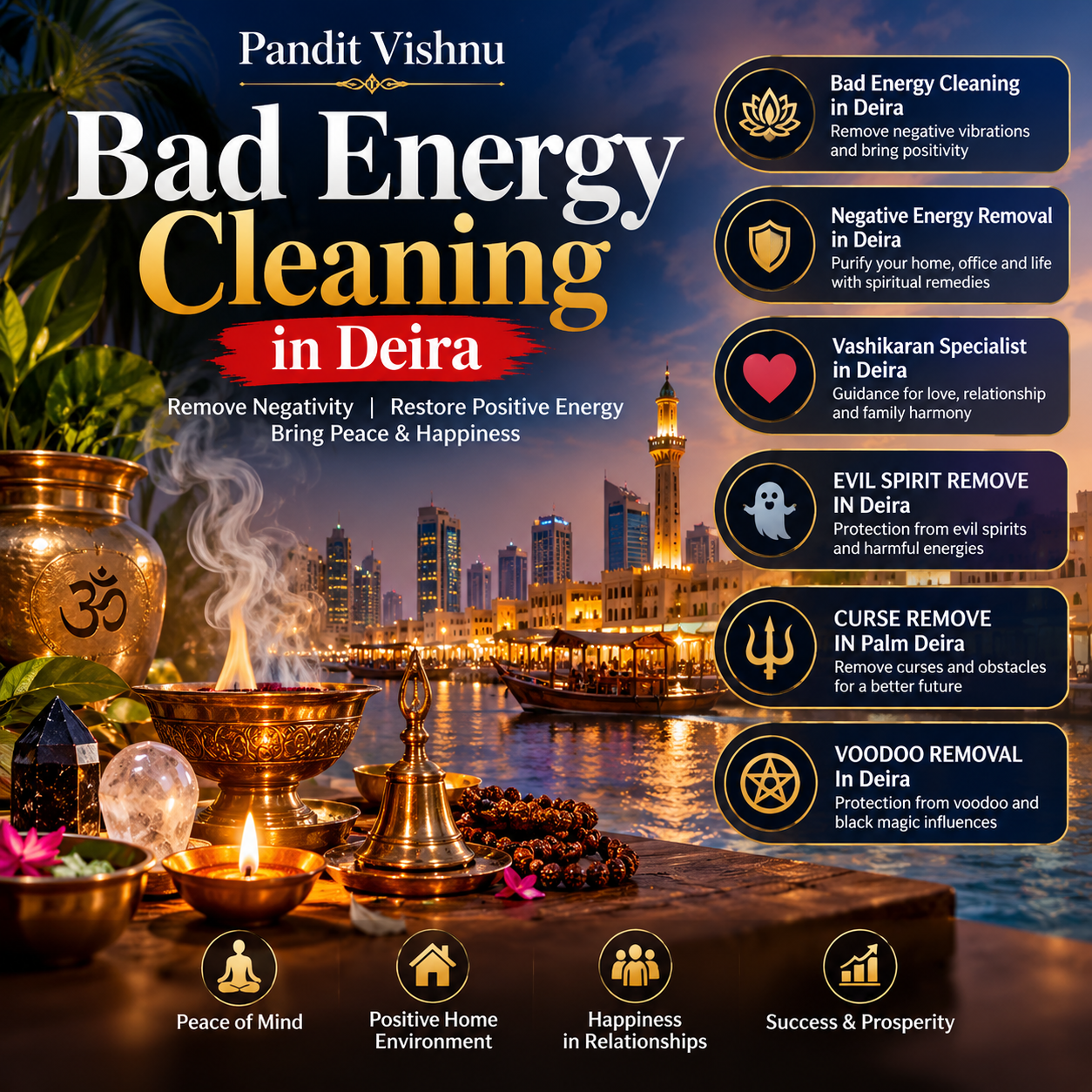 When people experience repeated stress, unexplained negativity, disturbed relationships, or an uncomfortable atmosphere at home or work, they may look for traditional spiritual guidance. Bad Energy Cleaning in Deira is presented by Pandit Vishnu as a spiritual approach intended to help individuals seeking greater positivity, peace, and emotional balance. Through traditional astrology-based guidance, spiritual practices, prayers, and personalized consultation, the focus is on understanding the concerns of the individual and suggesting culturally appropriate practices. Deira is one of Dubai’s oldest and busiest districts, known for its markets, residential communities, commercial activity, and diverse population, making convenient access to spiritual consultation important for many people living and working in the area.