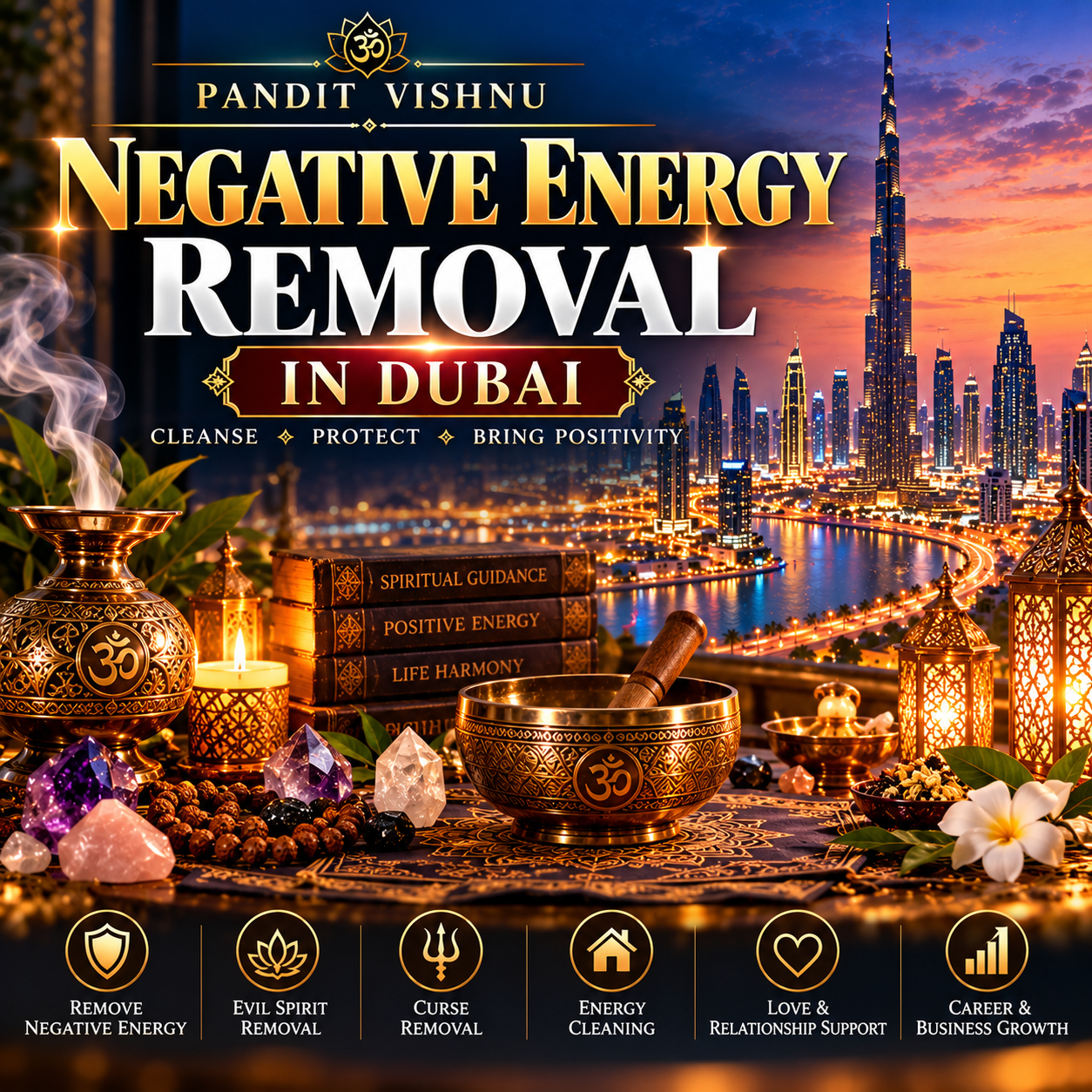 Get trusted negative energy removal in Dubai with Pandit Vishnu. Explore spiritual guidance for bad energy, evil spirit concerns, curse removal, and energy cleaning.