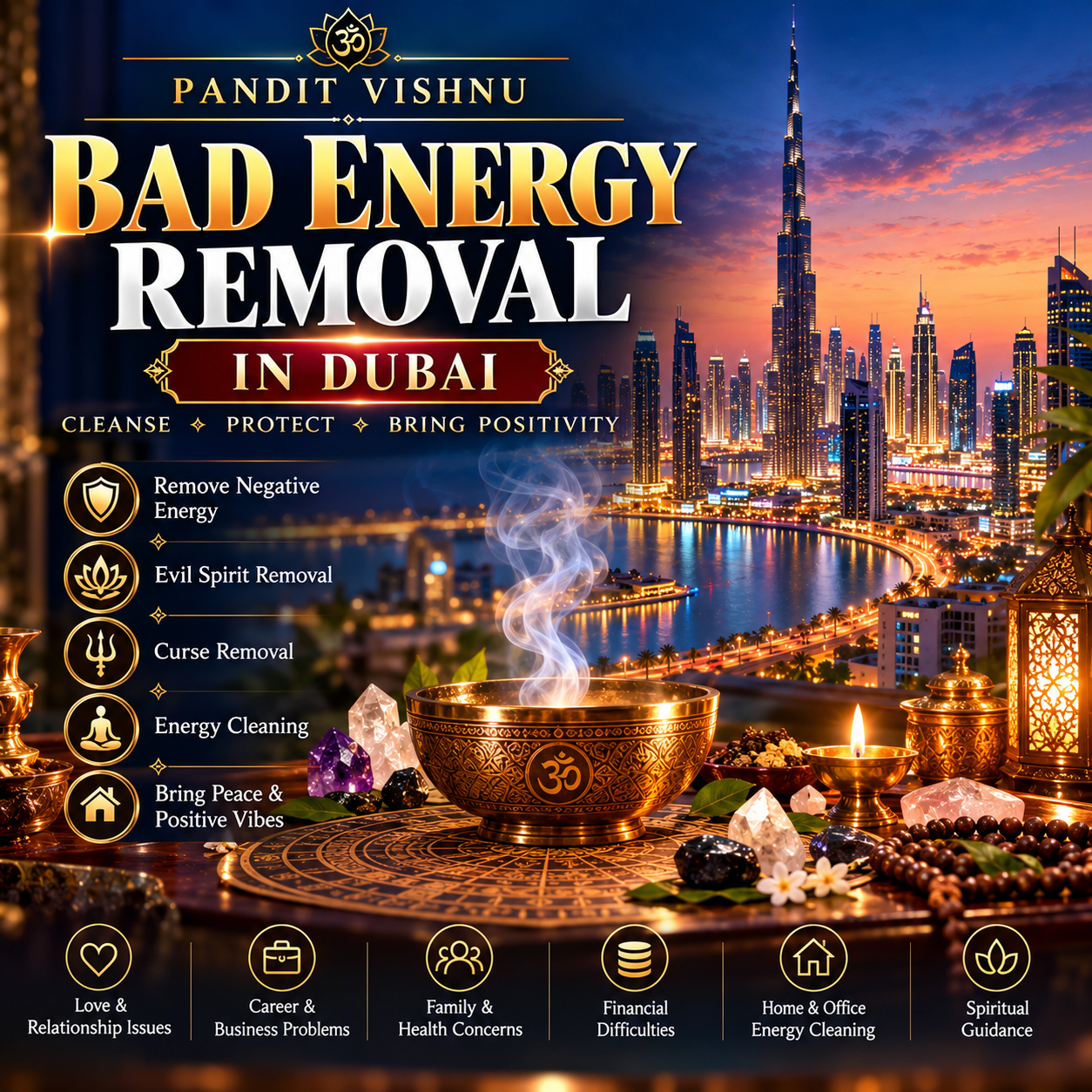 Get trusted bad energy removal in Dubai with Pandit Vishnu. Explore spiritual guidance for negative energy, evil spirit concerns, curse removal, and energy cleaning.