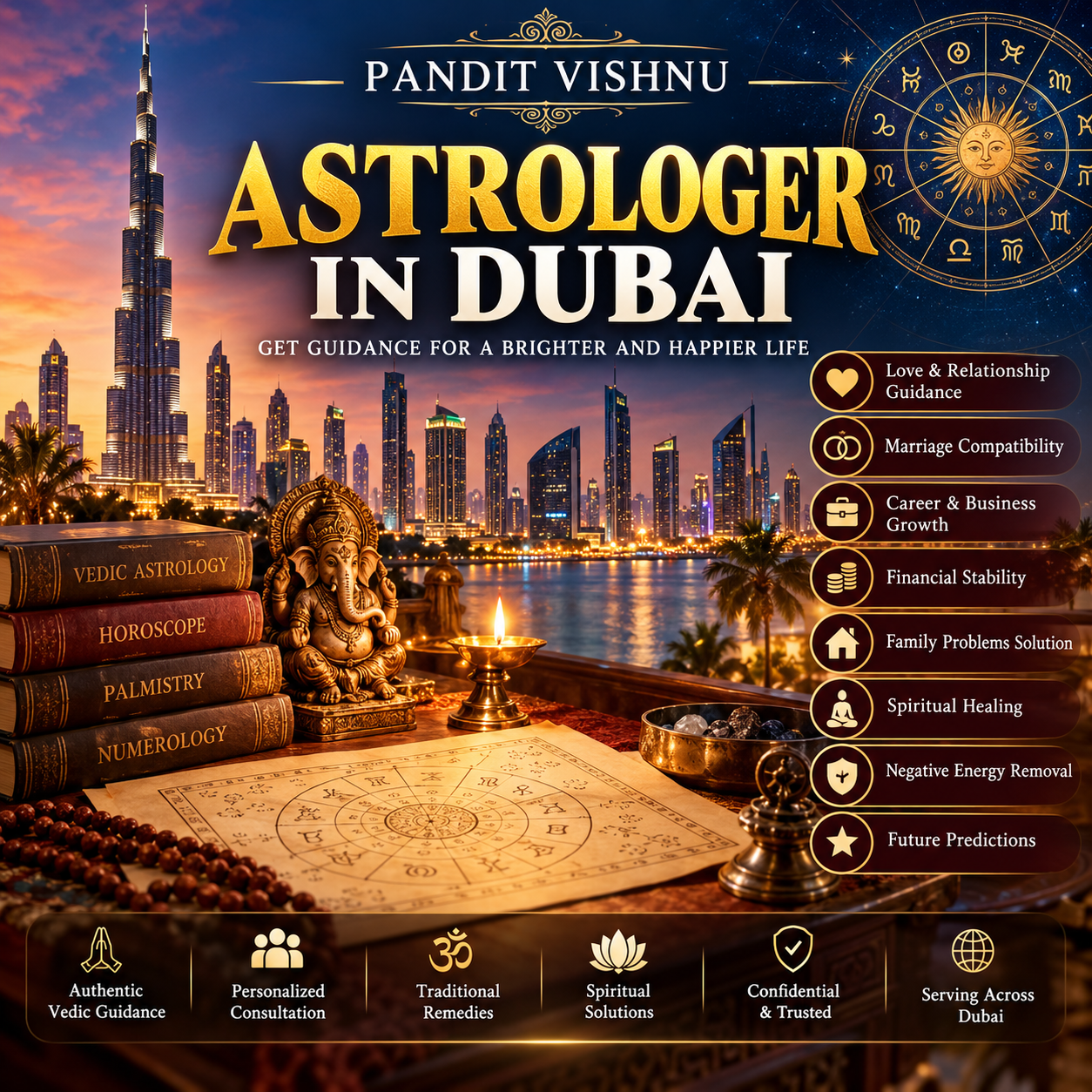 Looking for an Astrologer in Dubai? Consult Pandit Vishnu for Vedic astrology, horoscope reading, marriage guidance, career advice, and personalized spiritual guidance.