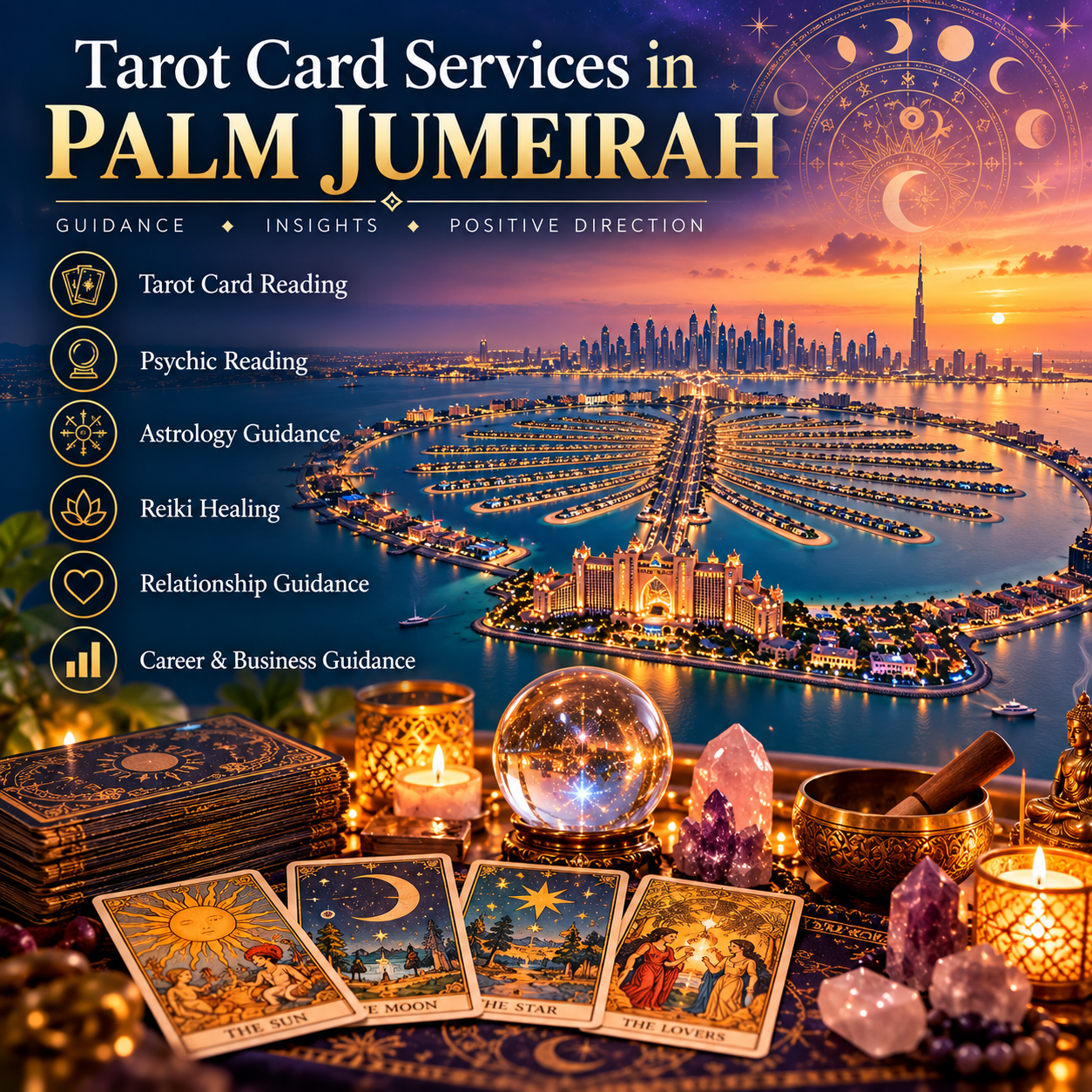 If you are considering a tarot consultation in Palm Jumeirah, preparing a few clear questions can make the session more focused and useful. Top Psychic and Tarot reader in Palm Jumeriah is a phrase people may use when researching local tarot and psychic-reading options, but clients should consider the specific services, consultation approach, communication style, and information provided before making a choice. Pandit Vishnu offers spiritual consultation for individuals interested in tarot and related practices. Whether your interest involves relationships, career, personal growth, decision-making, or general spiritual exploration, a tarot reading can offer a symbolic framework for reflection. The value of the session ultimately depends on how the individual uses the information and relates it to their own experiences and circumstances. A consultation can be approached as dedicated personal time to reflect on questions that may otherwise remain difficult to organize. Best Tarot Reader And Reiki Heller in Palm Jumeirah is a location-focused keyword for people searching for combined tarot and Reiki services, while Pandit Vishnu's consultation can be tailored according to the selected spiritual service. Tarot, Reiki, astrology, and psychic-style practices each have their own traditions and should be understood within that context. Clients are encouraged to approach spiritual consultations with an open but realistic mindset and use their own judgment when considering any guidance received. For important life decisions, tarot and spiritual readings can serve as a personal reflection tool alongside reliable information and appropriate professional advice.
